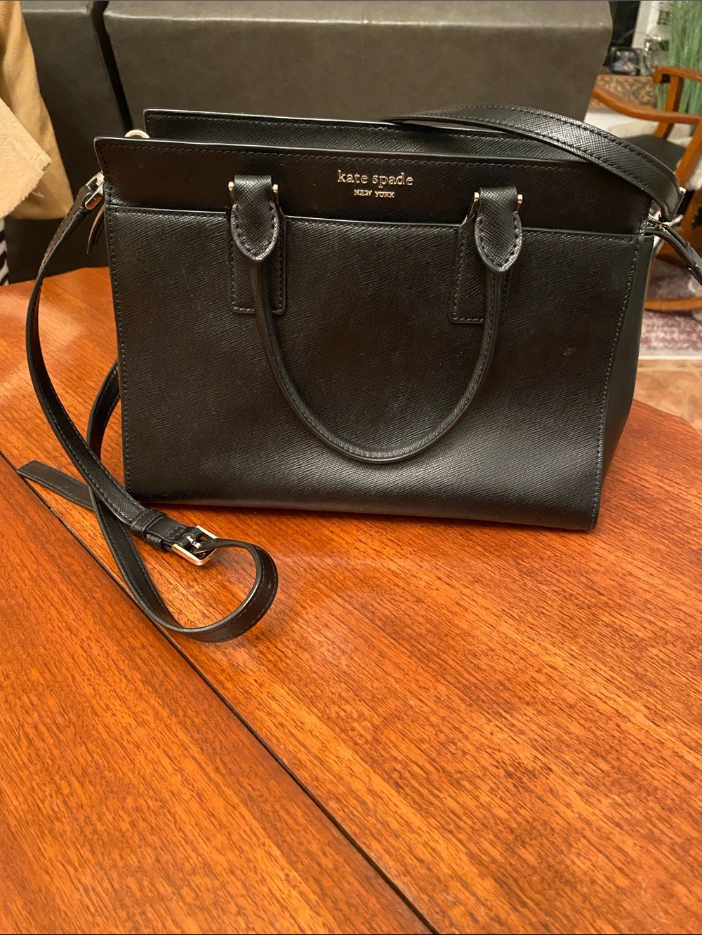 kate spade Black Leather Structured Satchel with Detachable Strap